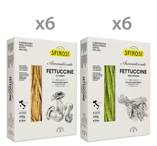 12 confezioni di pasta: 6 Fettuccine agli spinaci 250 gr.- 6 Fettuccine funghi porcini 250...