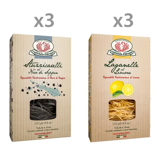 6 confezioni miste: 3 Laganelle al limone 250 gr - 3 Stuzzicarelli al nero di seppia 250 g...