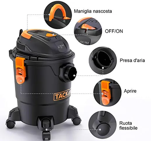 TACKLIFE Bidone Aspiratutto, 1000W 18.9L capacità Aspiratori liquidi-Solidi, 3 in 1 Multif...