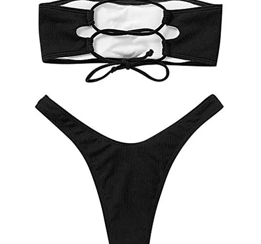 ZAFUL Bikini a Fascia Imbottito Strapless con Busto Regolabile Slip Vita Alta Tinta Unita...