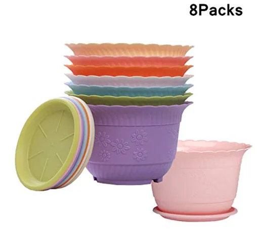 ACMEDE Set di 8 Colorati vasi in plastica per fiori, per interni, per ufficio e casa con v...