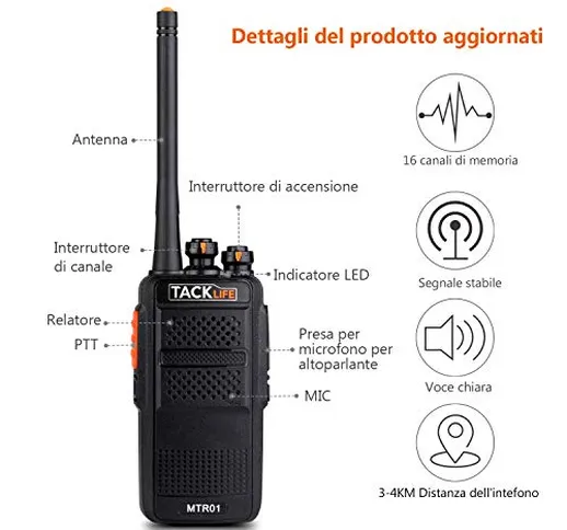 Walkie Talkie Professionali, TACKLIFE-MTR01 Ricetrasmettitori Ricaricabile 3-4 km con 16 C...