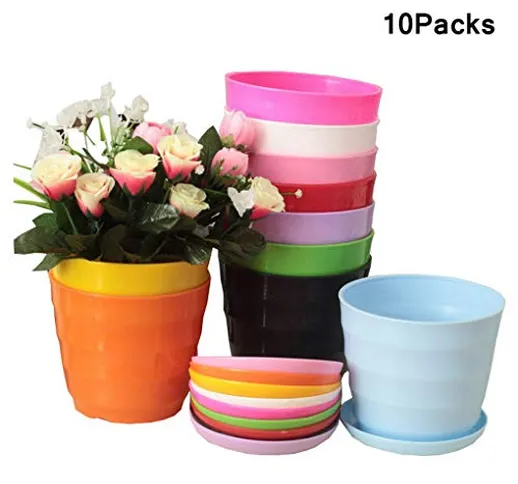 ACMEDE Set di 10 Colorati vasi in plastica per fiori, per interni, per ufficio e casa con...