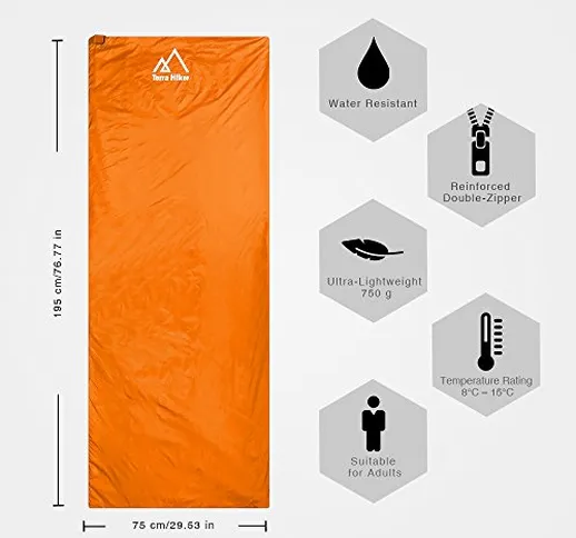 Terra Hiker Sacco a Pelo Adulto Ultraleggero e Compatto, per 3 Stagioni 8 °C - 15 °C, Idea...