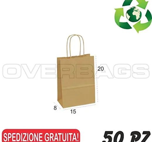 OverBags - 50 PZ Borse Shopper di Carta Manico Cordino Sacchetti Carta Riciclata Avana - c...