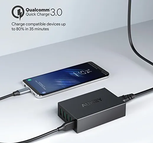 AUKEY Quick Charge 3.0 Caricabatterie USB da Muro 5 Porte Caricatore USB 55,5W per Samsung...