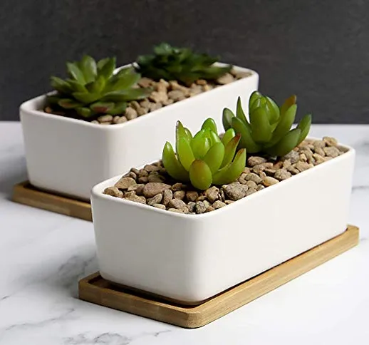 Vaso per piante in ceramica e base in bambù | Fioriera succulenta per interni ed esterni |...