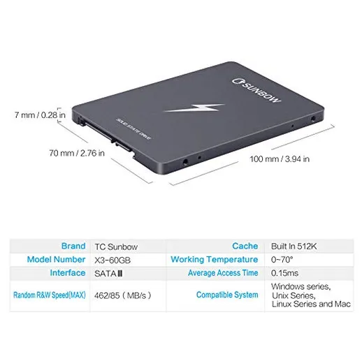 TCSunBow 60GB 64GB SSD 2,5 pollici SATAIII 6GB / s Interno Leggi 462MB / S Scrivi l'unità...
