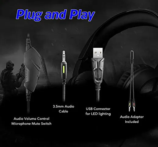 Cuffie Gaming con Microfono Isolamento Rumore e Luce LED Bassi Profondi per Xbox One PS4 P...