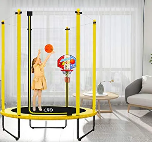 LANGXUN Tappeto Elastico Giallo Diametro 150 x H 180 cm con Supporto Basket, Rete di Prote...