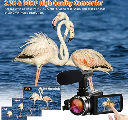 Videocamera 2.7K 20FPS 30MP Videocamere Full HD con funzione Pausa Touchscreen ruotabile d...