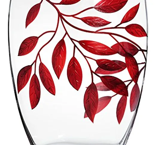 Vaso Grande in Vetro Soffiato a Mano 30 cm - Decorato con Foglie Rosse Sabbiate e Dipinte...