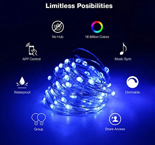 iLUX 5m Smart Copper String Lights, Bluetooth & APP Control LED Fairy Lights, RGB Multicol...