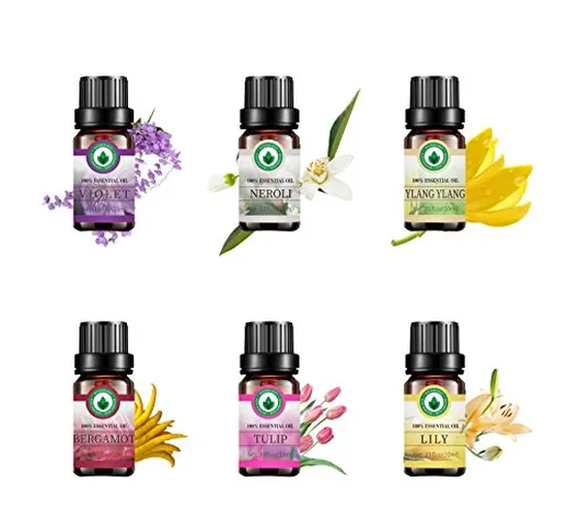 Set di 6 oli essenziali floreali Top 6, per aromaterapia. Puri al 100%, alta qualità - Set...