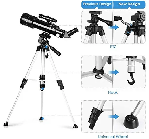 Intey - Telescopio con messa a fuoco 400 mm di lunghezza e apertura 70 mm, 2 occhielli, co...