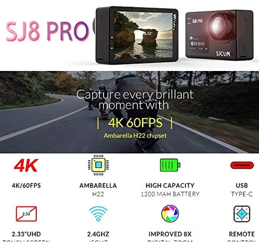 SJCAM SJ8 Pro Real 4K/60FPS Action Camera, impermeabile, telecomando WiFi, obiettivo grand...