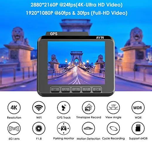 AZDOME Dash Cam Per Auto GPS WiFi, 4K 2160P e Visione Notturna Nitida, Telecamera Per Auto...