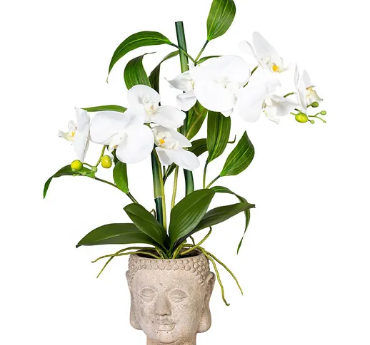 Composizione di orchidea e bambù, in vaso di cemento Buddha, bianco, real touch, altezza c...