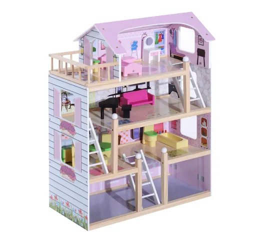  Casa delle Bambole in Legno a più Piani  con Accessori, Rosa, 60x30x80cm