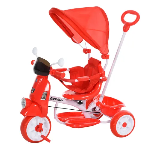  Triciclo a Forma di Moto per Bambini 18-72 Mesi (25kg) con Tettuccio e Maniglione, Rosso