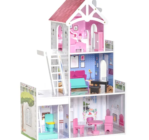  Casa delle Bambole in Legno a 3 Piani con Scale e Accessori, Struttura in MDF, per Bambin...