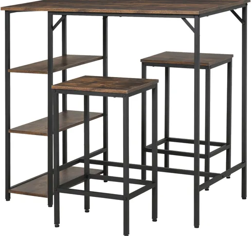  Set Tavolo Alto con 2 Sgabelli e Scaffale Stile Industriale in Metallo e Legno, Arredamen...