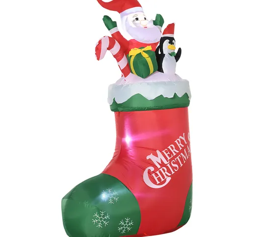  Babbo Natale Gonfiabile con Pinguino e Calza Natalizia, Luci LED e Gonfiatore Incluso, 90...