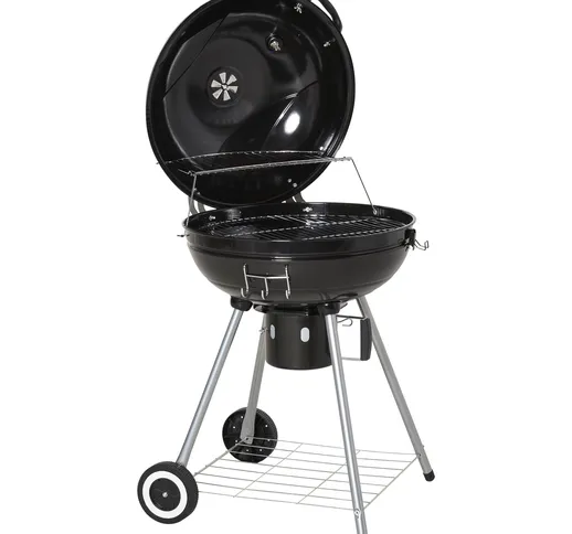  Barbecue BBQ a Carbonella con Termometro Doppia Griglia Ripiano Inferiore 2 Ruote Metallo...