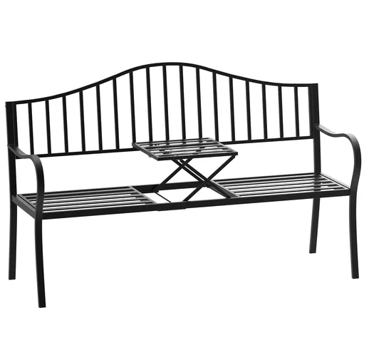  Panchina da Giardino 2 Persone con Tavolino Estensibile Metallo 150 x 53 x 95 cm Nero