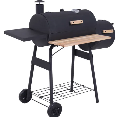  Barbecue da Giardino con Coperchio e Affumicatore con Ripiani e ruote 124x53x104cm, Nero