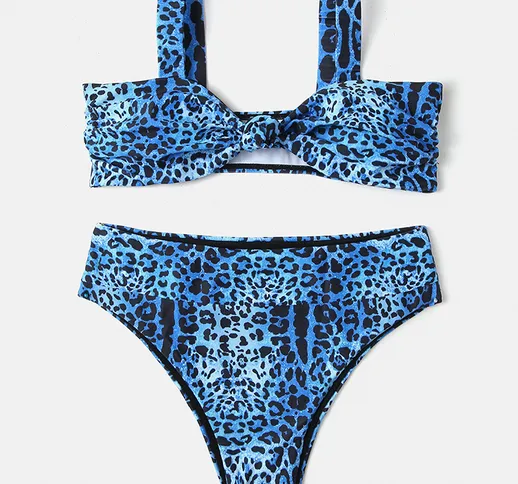 Costume da bagno bikini a vita alta con cinturino a spalla largo con cravatta stampa leopa...