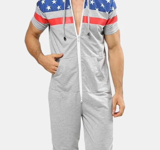 Tuta da uomo con stampa bandiera americana Onesies manica corta con cappuccio e zip