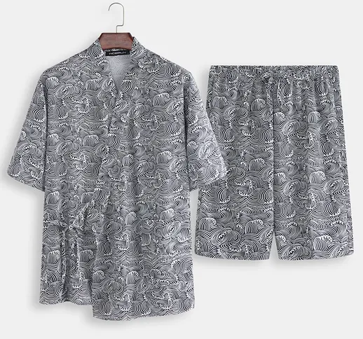 Pigiama da uomo con vestaglia a kimono Set Acqua Modello Stampa Accappatoio giapponese tra...