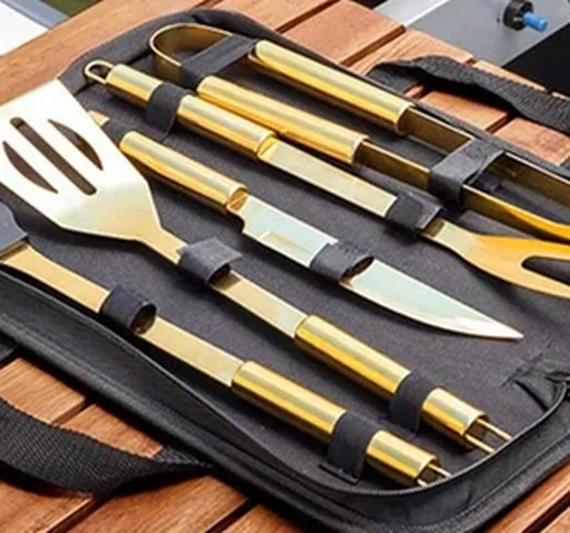 Valigetta con 5 utensili per barbecue in acciaio inossidabile e silicone