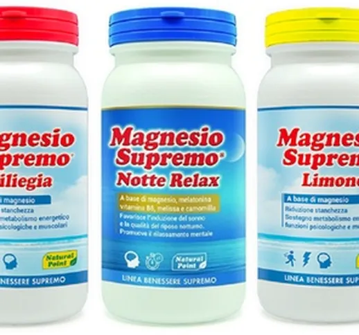 1, 2 o 3 confezioni di magnesio supremo aromatizzato Natural Point disponibili in 3 tipolo...