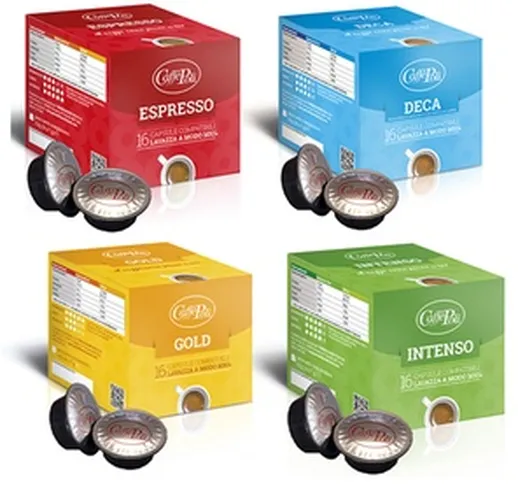 96, 192 o 384 capsule di caffè Poli compatibili con Lavazza A Modo Mio, disponibili in 4 m...