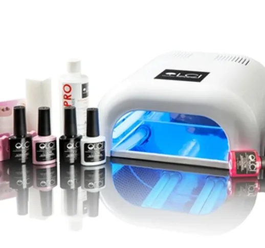 Kit con lampada UV e vari smalti semipermanenti LCI Cosmetics disponibili in vari colori