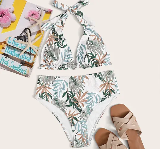 Costume da bagno bikini vita alta triangolo halter con stampa palma