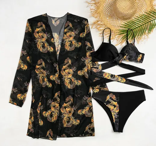 Costume da bagno bikini contorto drago cinese e kimono in maglia 3 confezioni