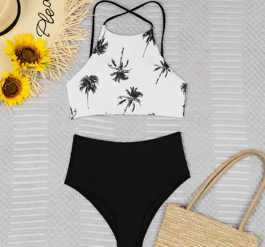 Costume da bagno bikini vita alta con stampa albero palma