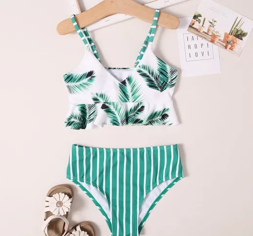 Costume da bagno bikini a righe tropicale con volant