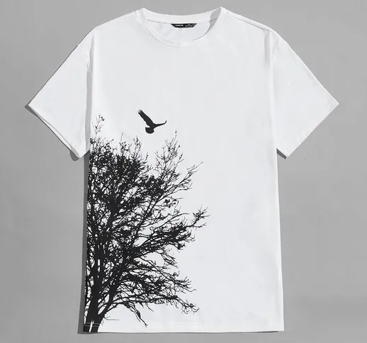 Maglietta con stampa albero e ucello da uomo