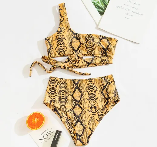 Costume da bagno bikini con monospalla con stampa pelle di serpente