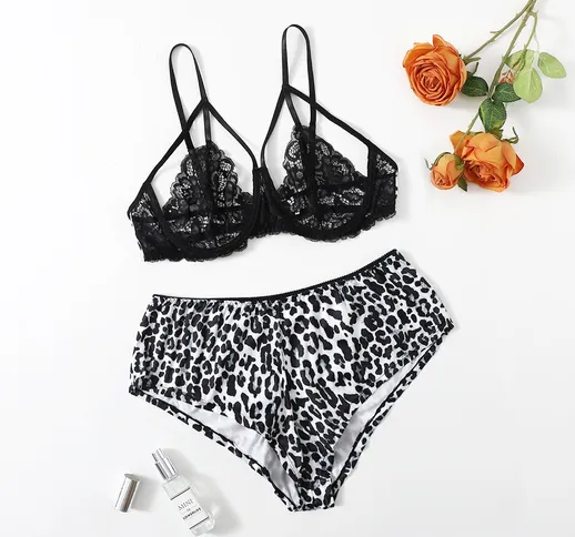 Set biancheria intima con ferretto harness in pizzo floreale con stampa leopardo