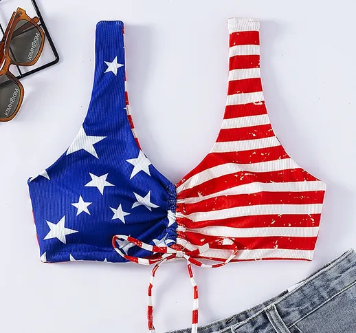 Top bikini con coulisse frontale con stampa di bandiera americana