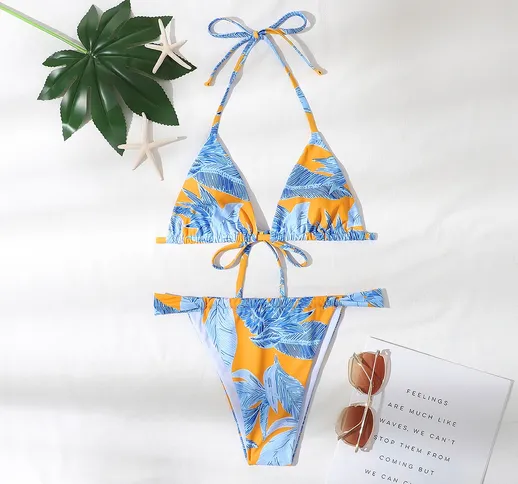 Costume da bagno bikini a triangolo perizoma stampa vegetale