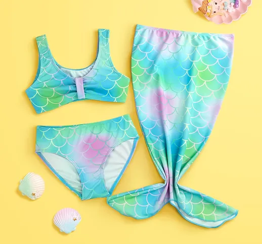 3 pezzi costume da bagno bikini a squame di pesce e gonna da spiaggia