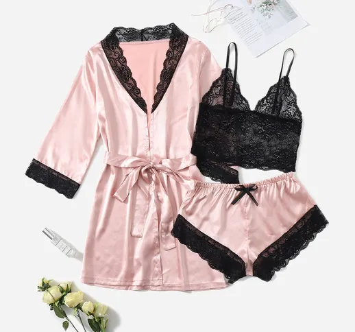 Set lingerie in raso con pizzo a contrasto e vestaglia con cintura