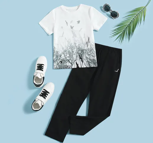 Maglietta con stampa di albero e uccello e pantaloni con vita elasticizzata