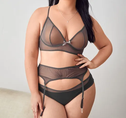 Set biancheria intima monocolore in maglia trasparente giarrettiera